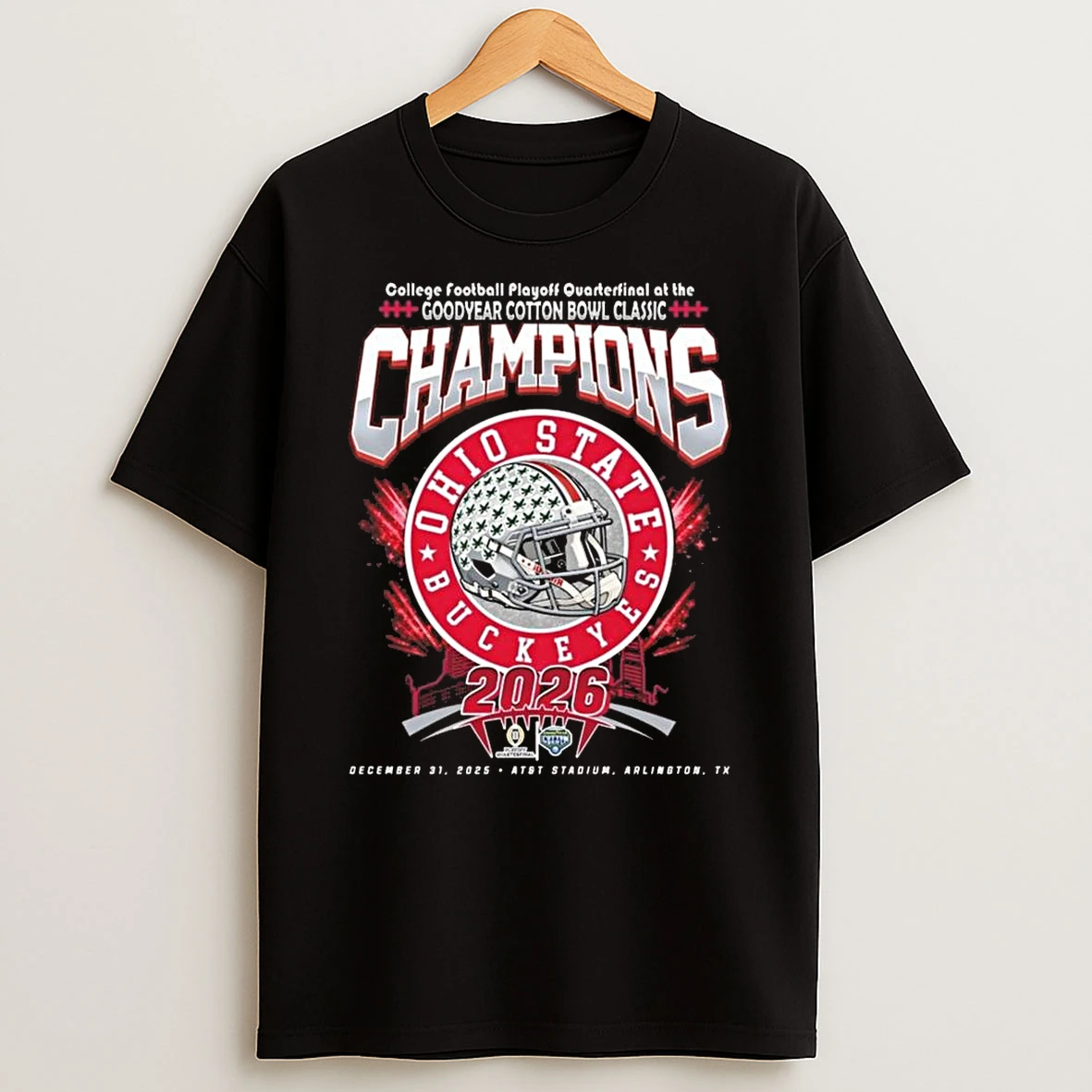Ohio State Buckeyes Cfp Quarterfinal At The Goodyear Cotton Bowl Classic Champions 2026 Logo Helmet Shirts