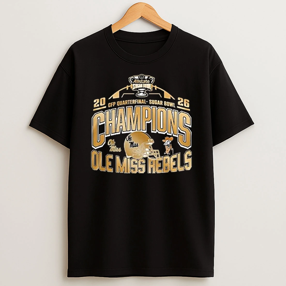 Ole Miss Rebels Cfp Quarterfinal Sugar Bowl Champions 2026 Gold Helmet Shirts