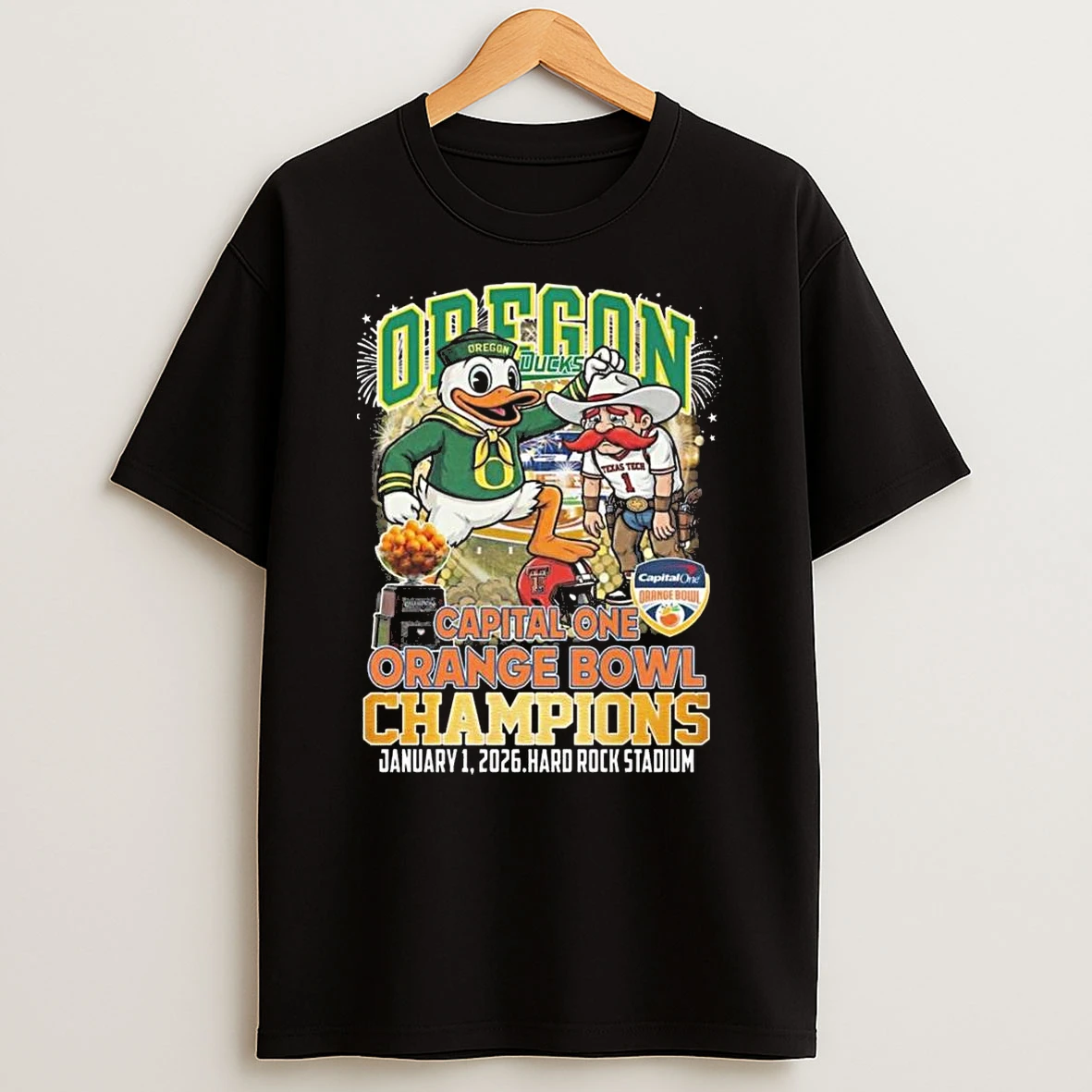 Oregon Ducks Football 2026 Capital One Orange Bowl Champions Winner Mascot Shirts