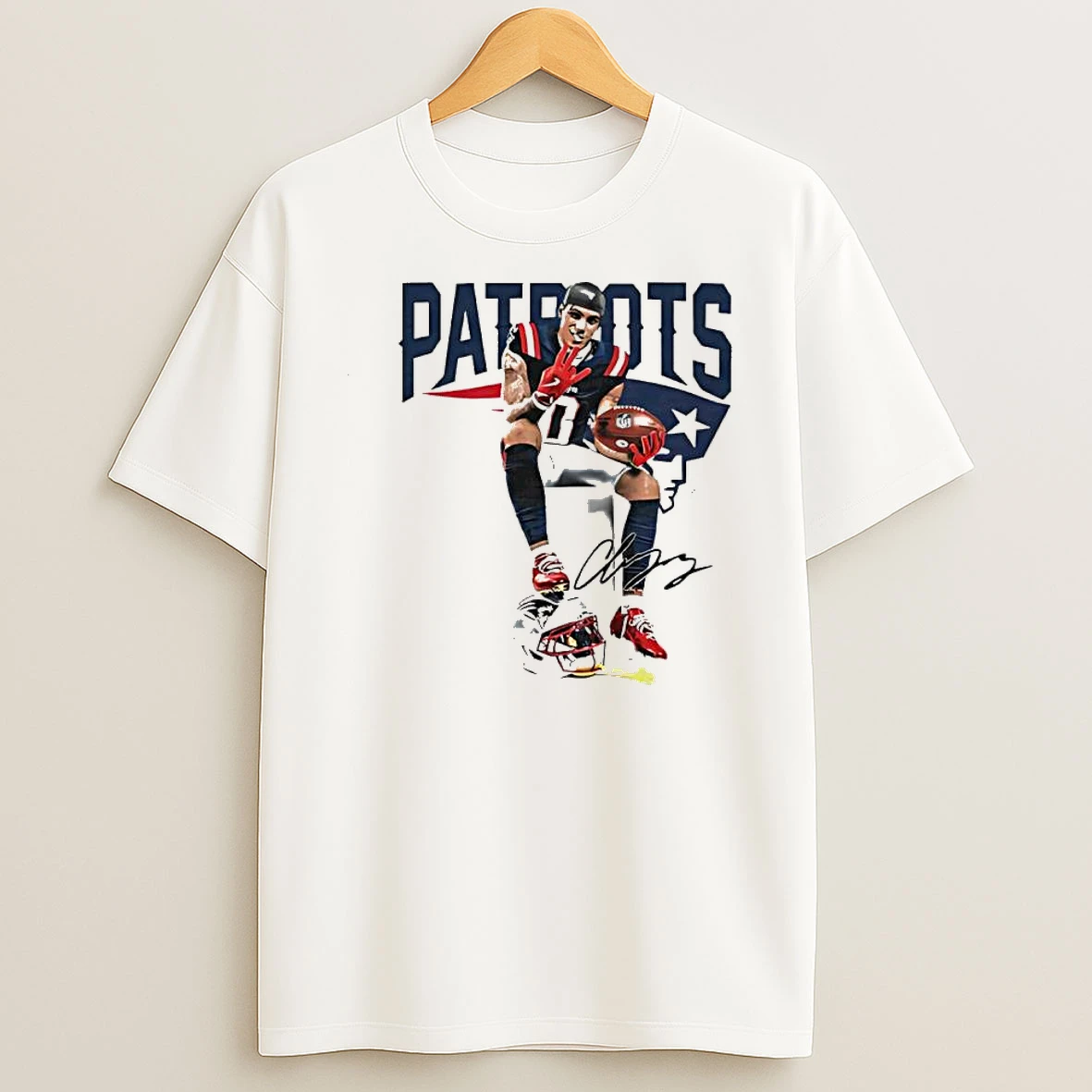 Patriots Christian Gonzalez Sitting On Helmet Holding Football Four Finger Pose Graphic Shirts