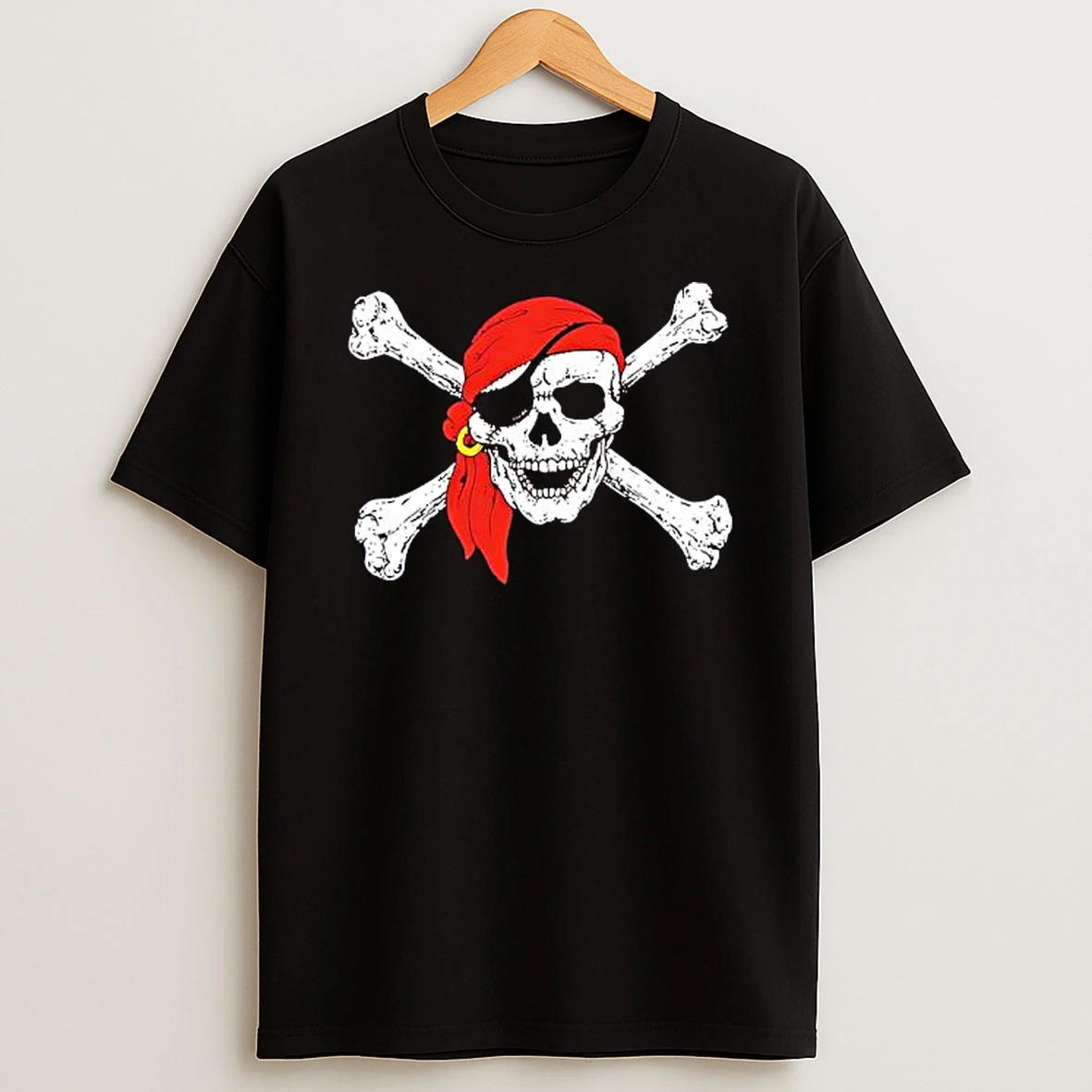 Pirate Jolly Roger Skull Red Bandana Eye Patch Gold Earring Crossbones Graphic Nautical Shirts