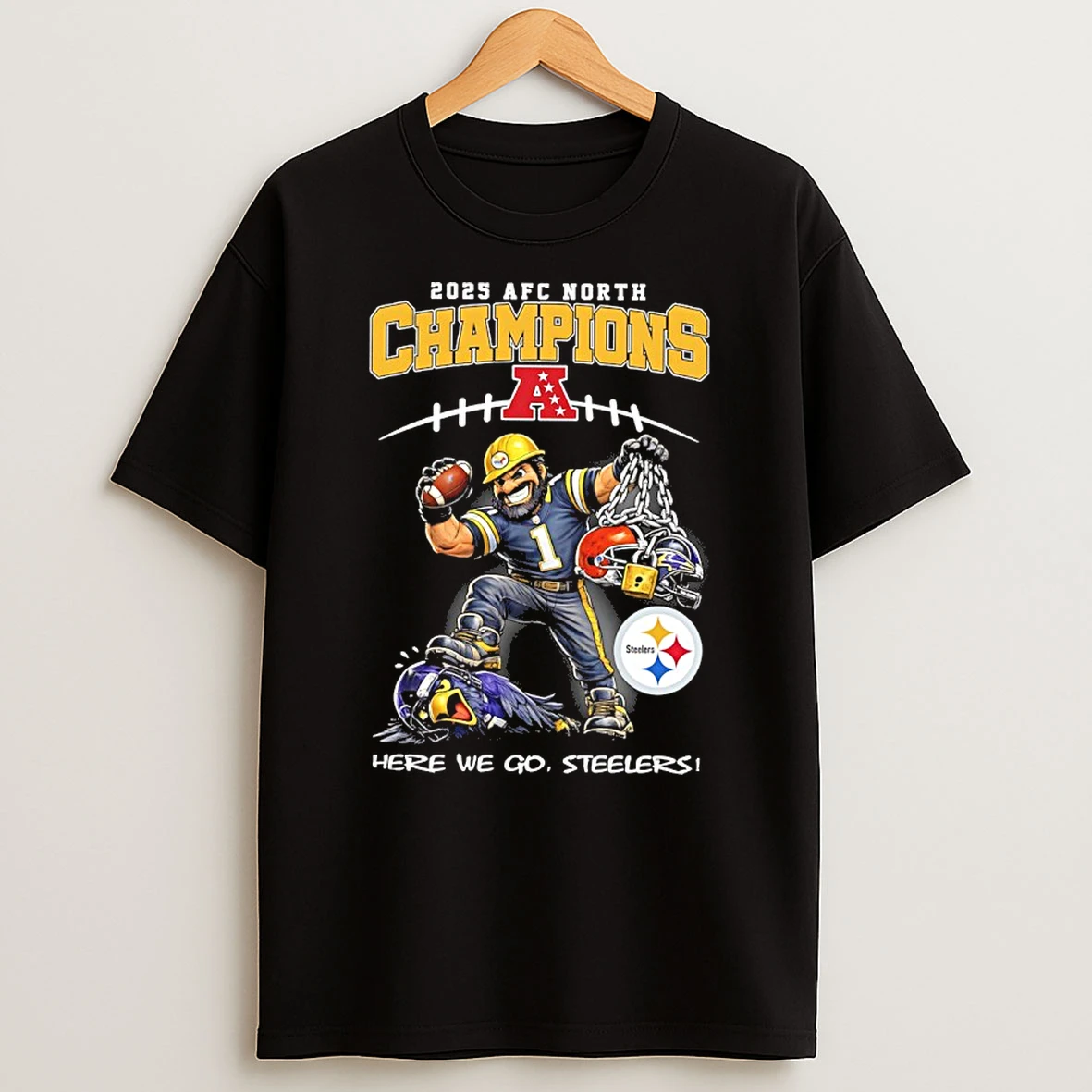 Pittsburgh 2025 Afc North Champions Here We Go Steelers Mascot Shirts