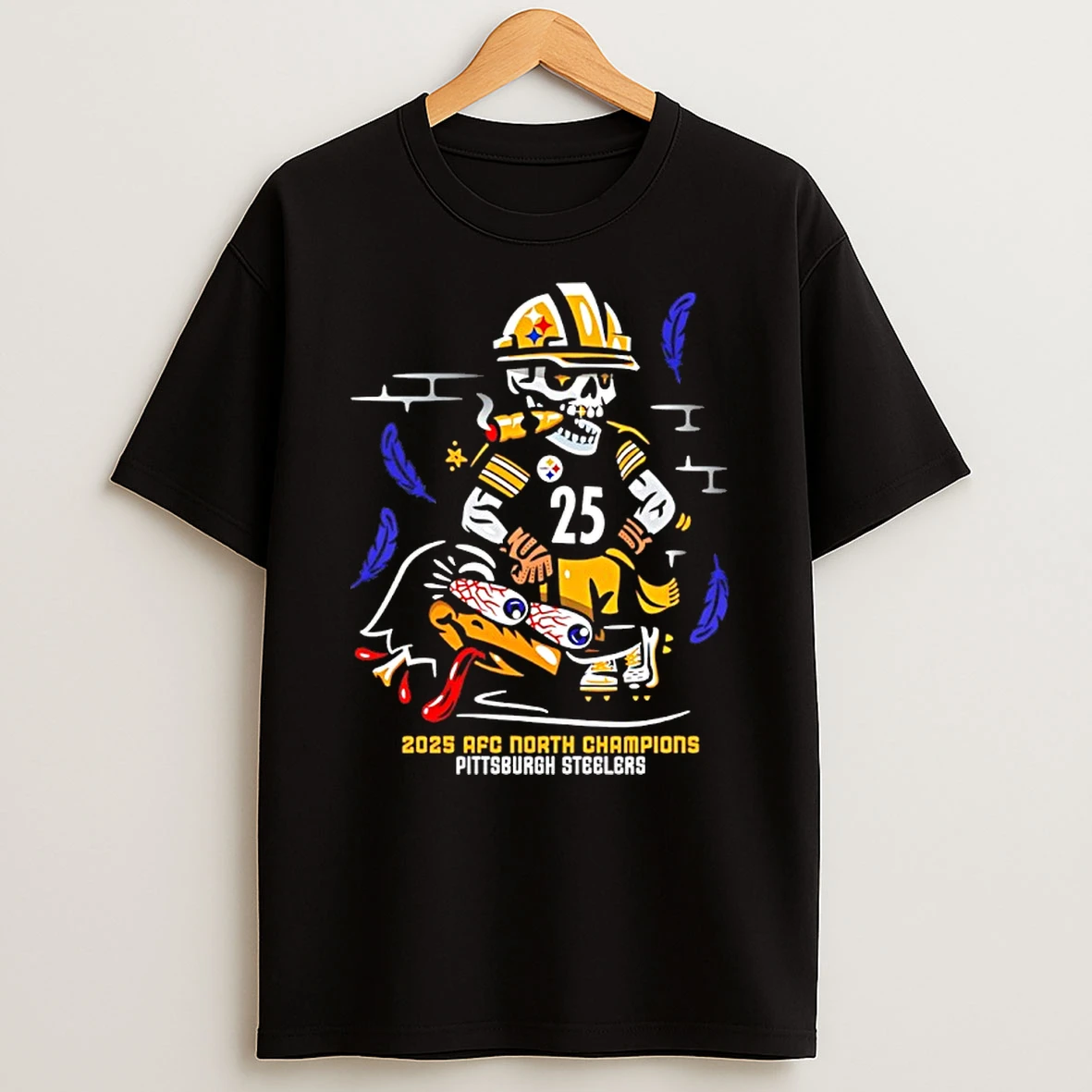 Pittsburgh Steelers 2025 Afc North Champions Skeleton Smoking Cigar With Mascot Shirts