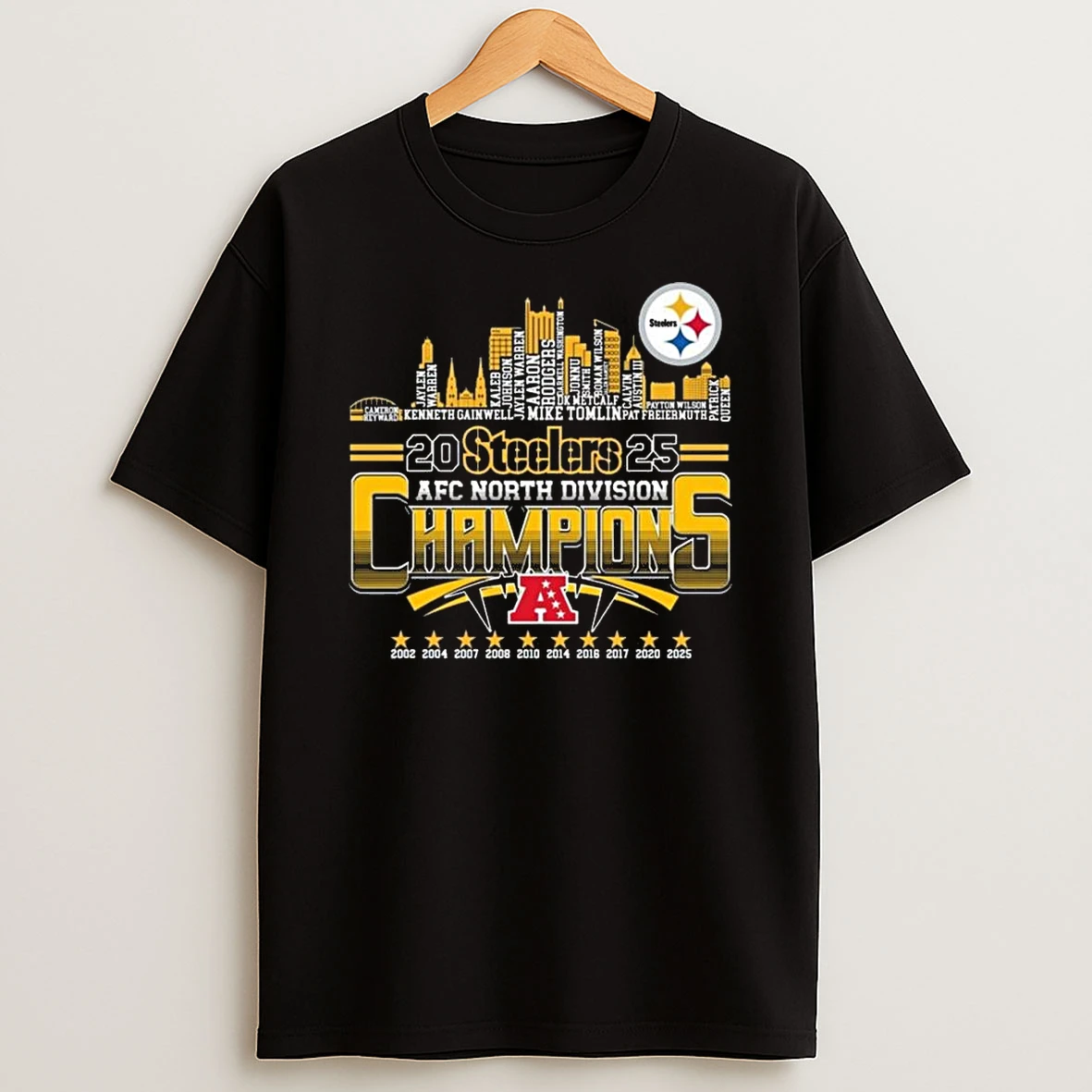 Pittsburgh Steelers 2025 Afc North Division Champions 2002 2025 Skyline Names Logo Shirts