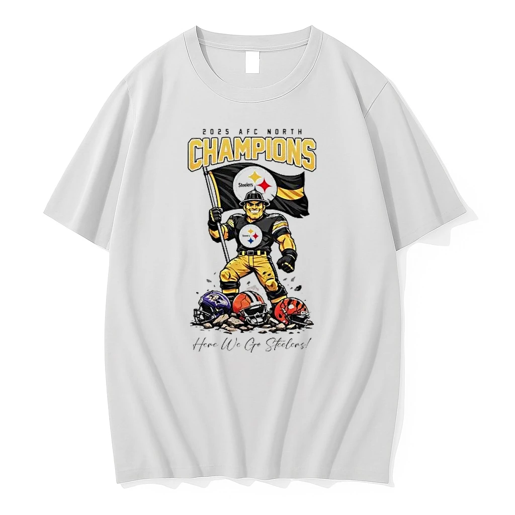 Pittsburgh Steelers 2025 Afc North Champions Here We Go Mascot Flag Shirts