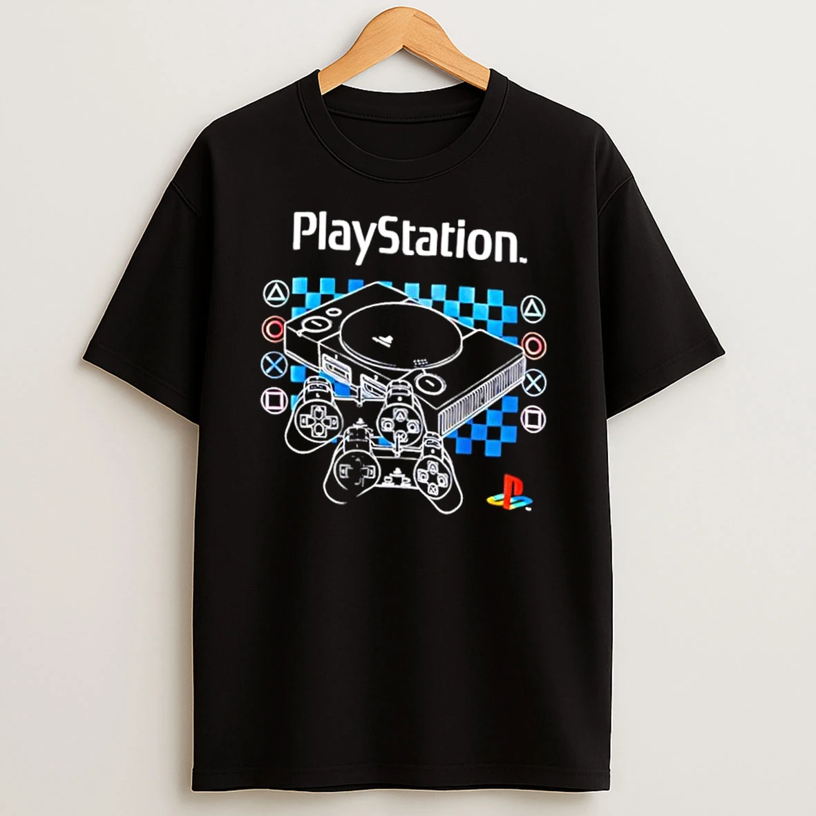 Playstation Console And Controller Blue Checkered Retro Gaming Shirts