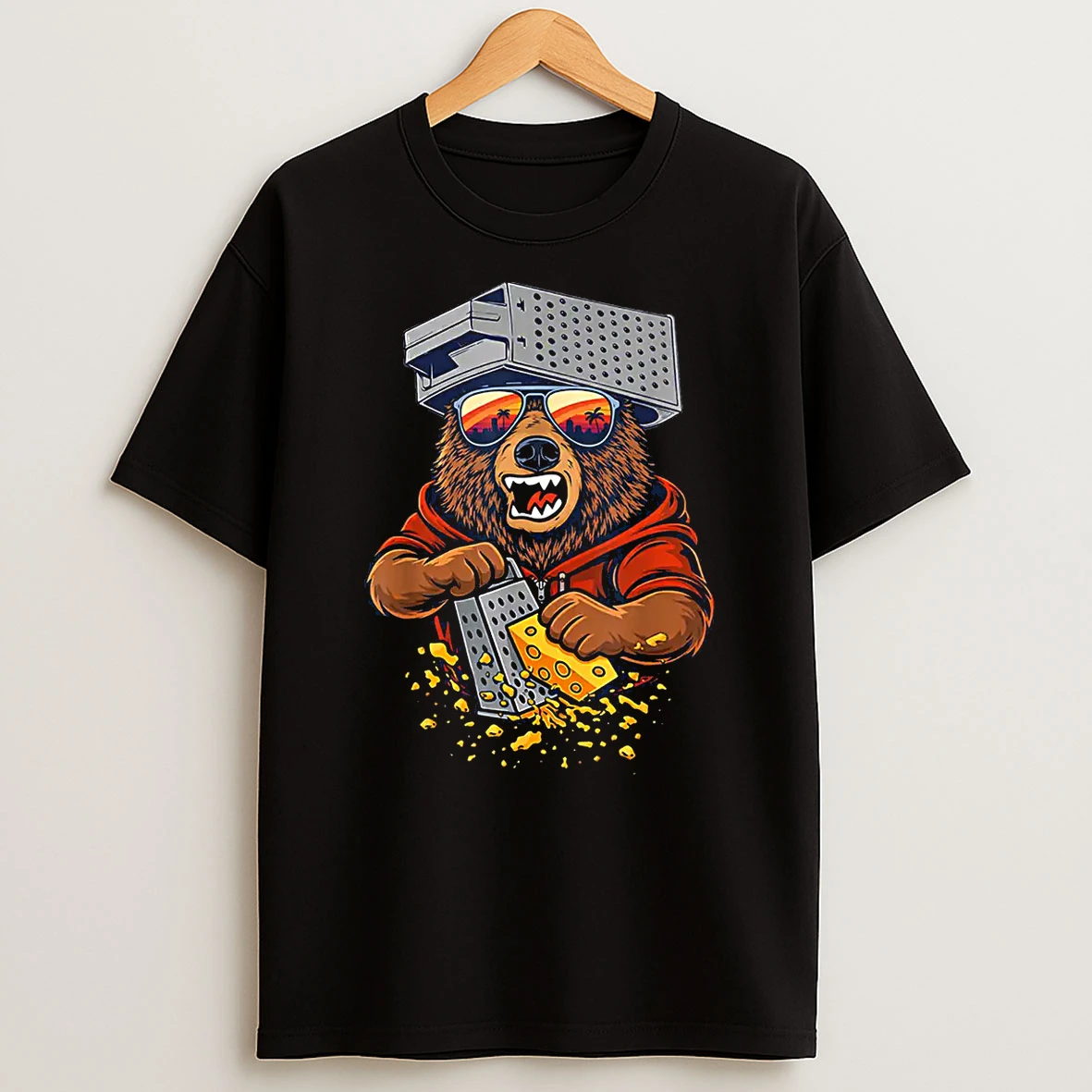 Retro Bear With Cheese Grater Hat And Sunglasses Sunse Funny Shirts