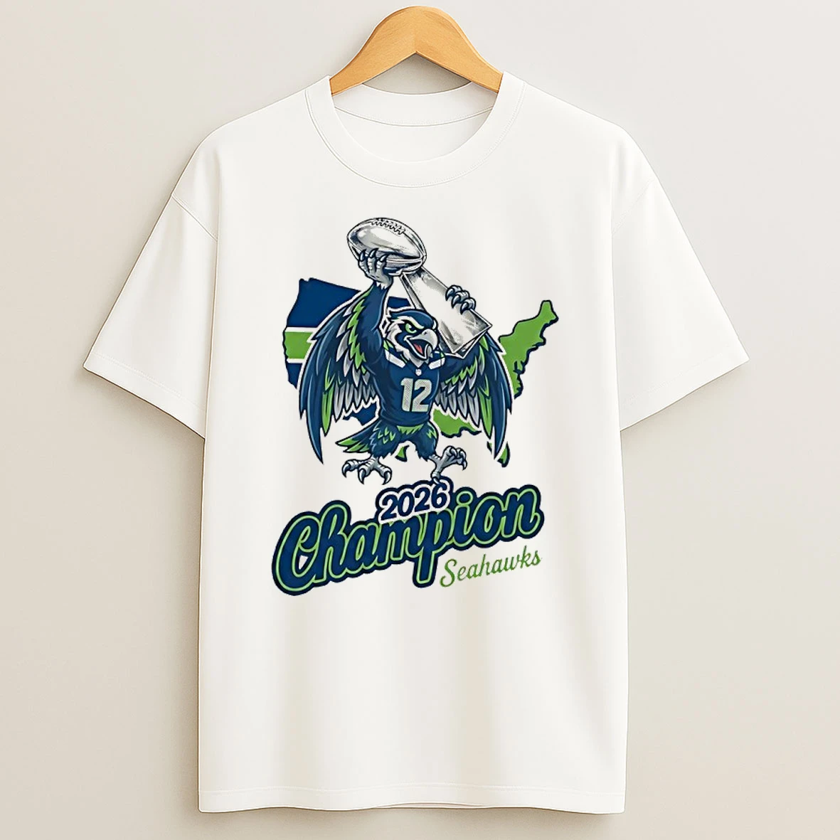 Seattle Football 2026 Champion Hawk Mascot With Trophy Shirts