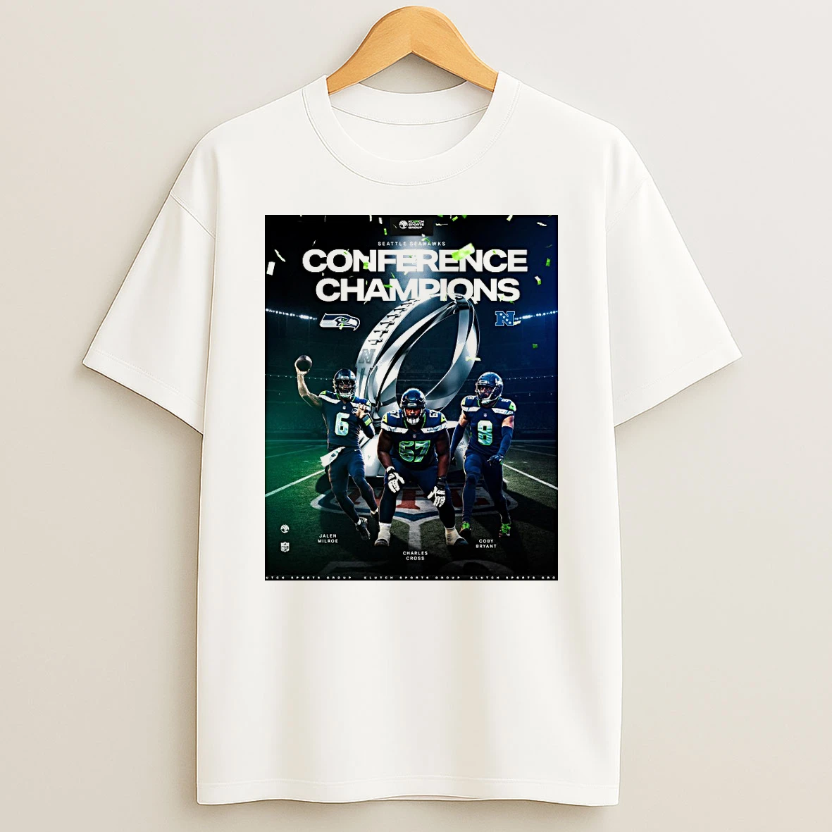 Seattle Seahawks 2025 Conference Champions Jalen Milroe Charles Cross And Coby Bryant Shirts