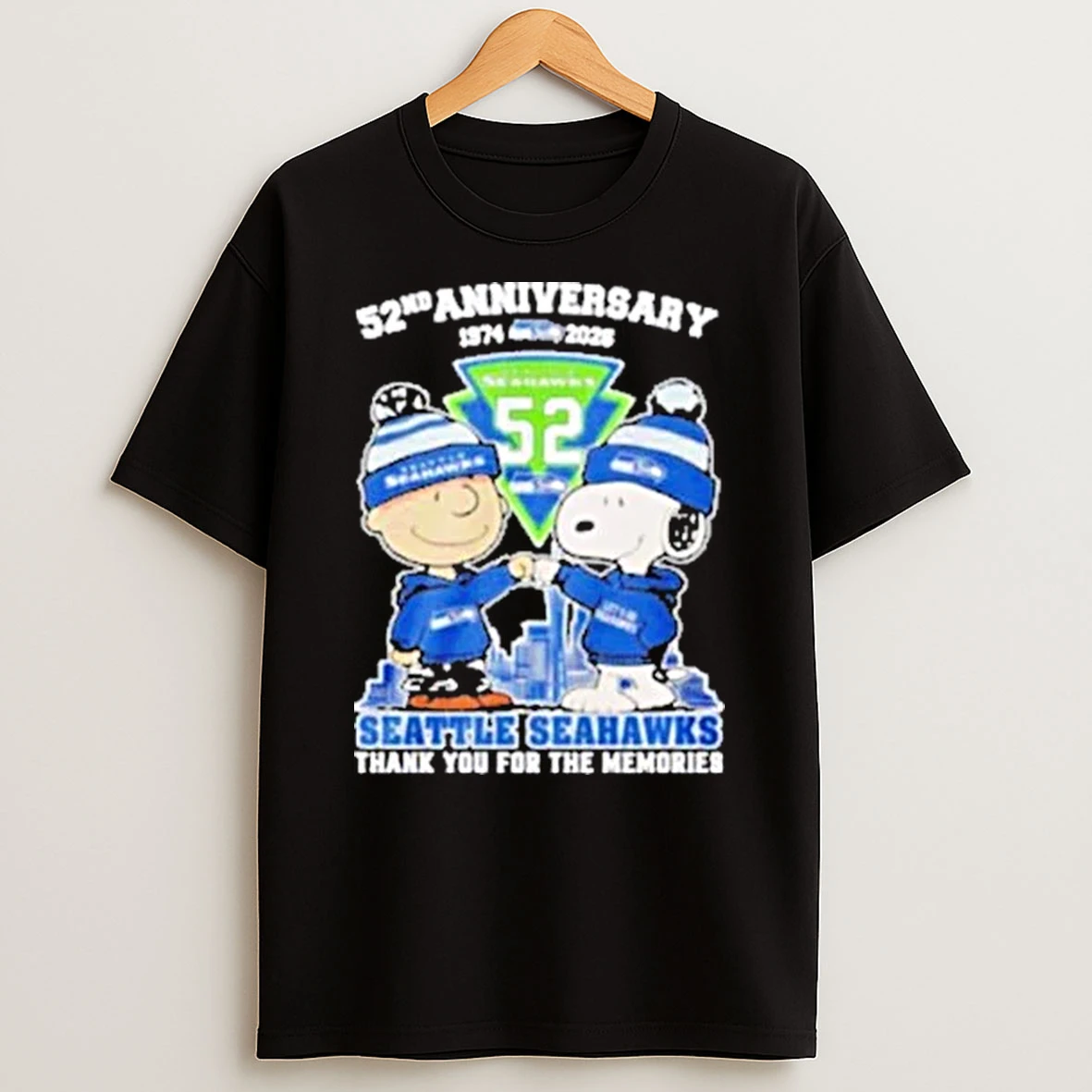 Seattle Seahawks Outfit With Snoopy And Charlie Brown 52nd Anniversary 1974 2026 Shirts