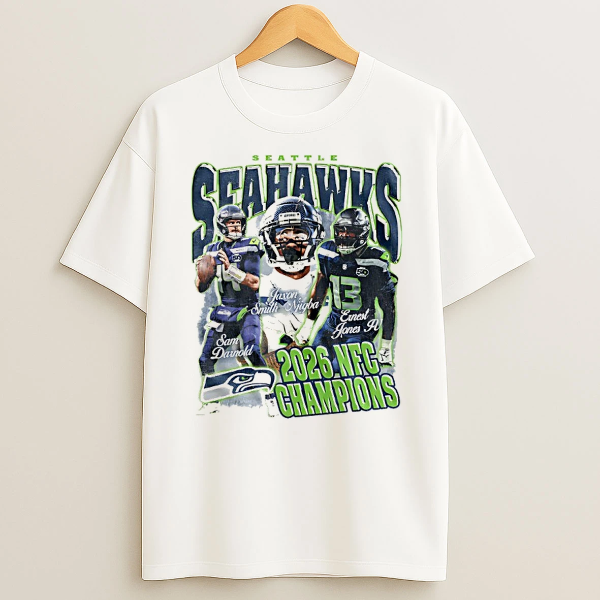 Seattle Seahawks Sam Darnold Smith Njigba And Ernest Jones 2026 Nfc Champions Shirts