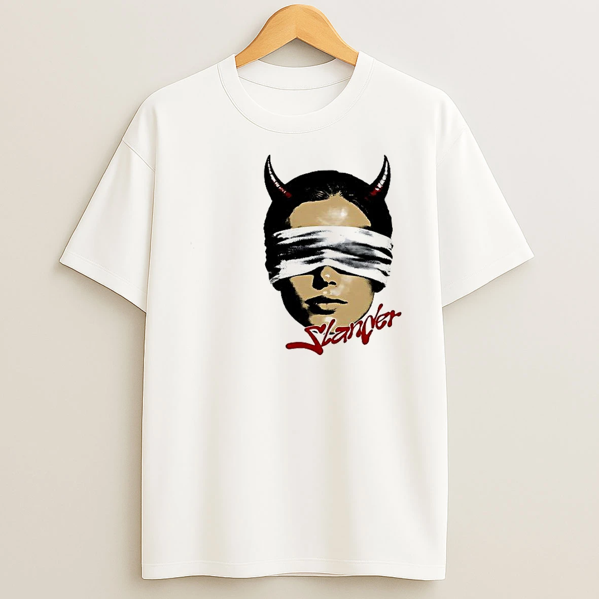 Slander Blindfolded Devils Face Graphic Woman Shirts