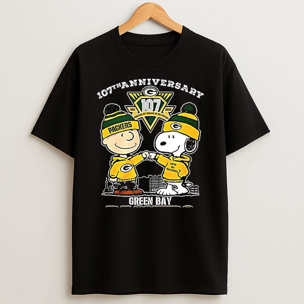Snoopy And Charlie Brown Green Bay Packers 107th Anniversary Woman Shirts