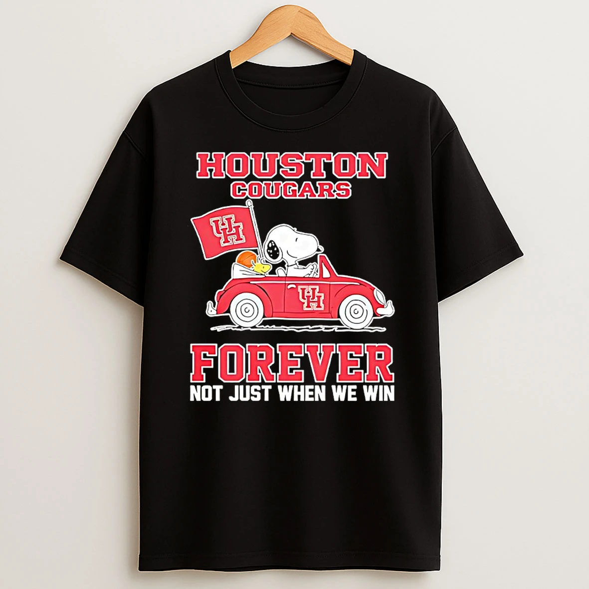 Snoopy And Woodstock Driving Houston Rockets Car Flag Team Forever Not Just We Win Shirts