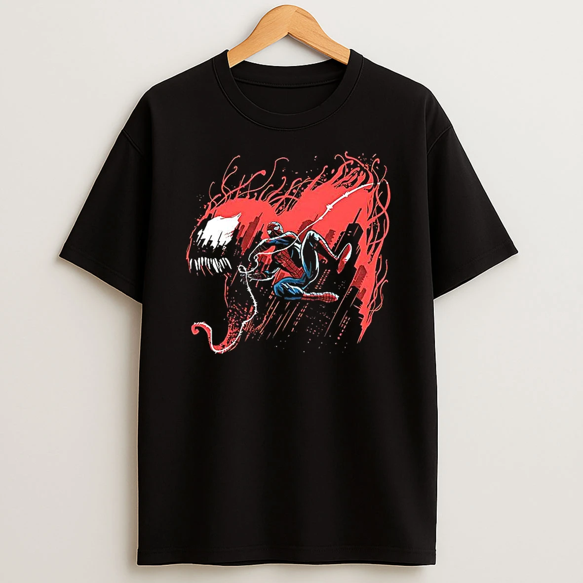Spider Man Symbiote Hunt Skyline Silhouette Woman Shirts