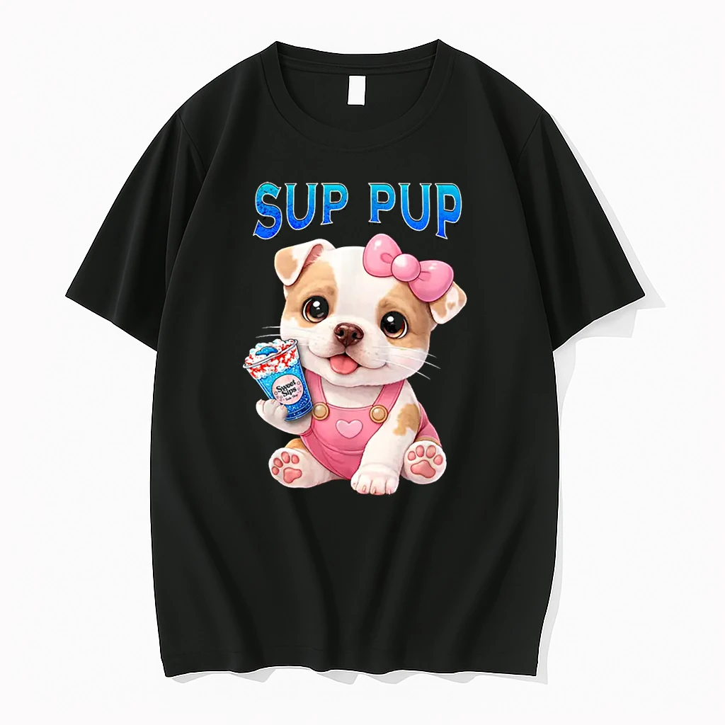 Sup Pup Cute Pitbull Puppy With Sweet Sips Cartoon Dog Shirts
