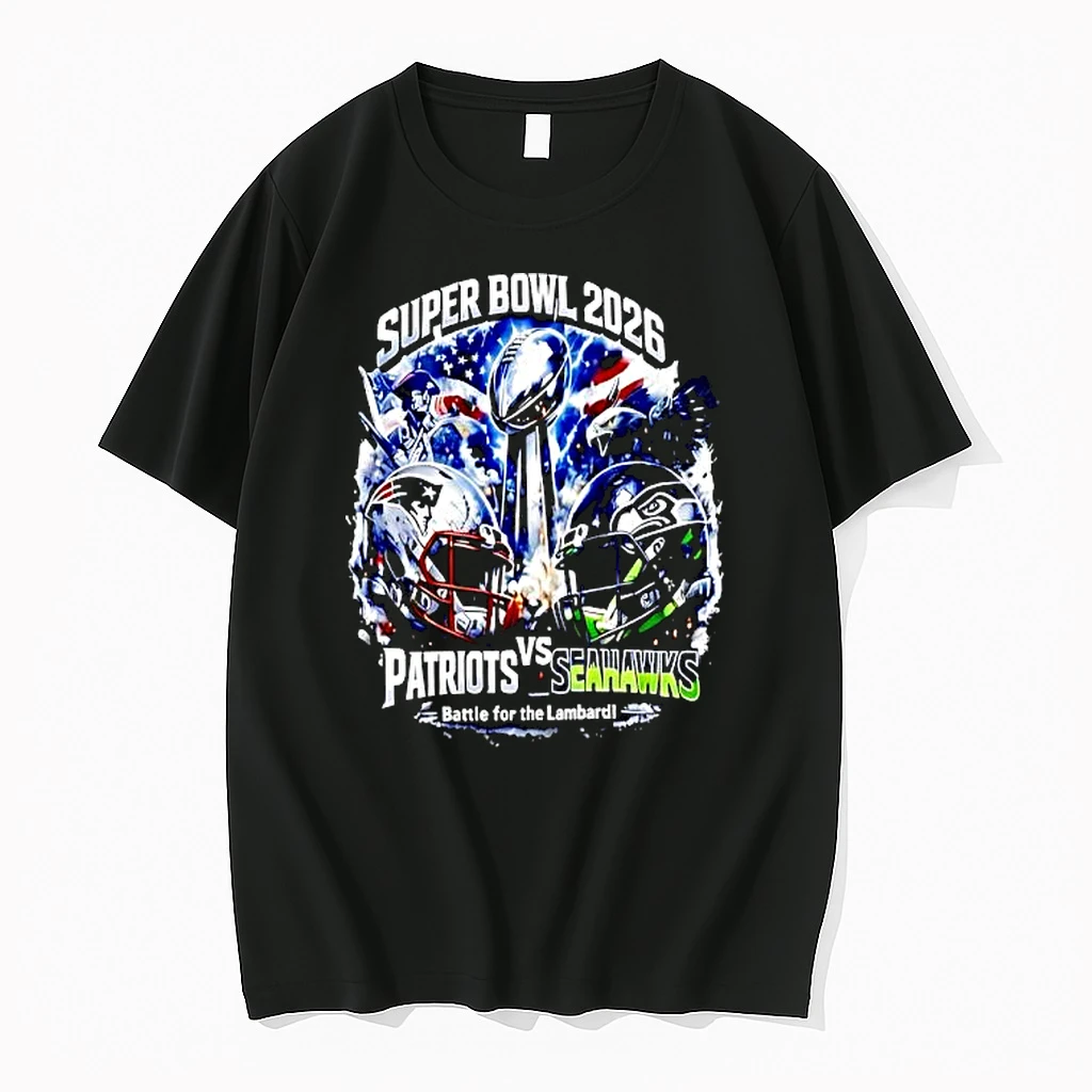 Super Bowl 2026 Patriots Vs Seahawks Battle For The Lambardi Trophy Helmets Shirts