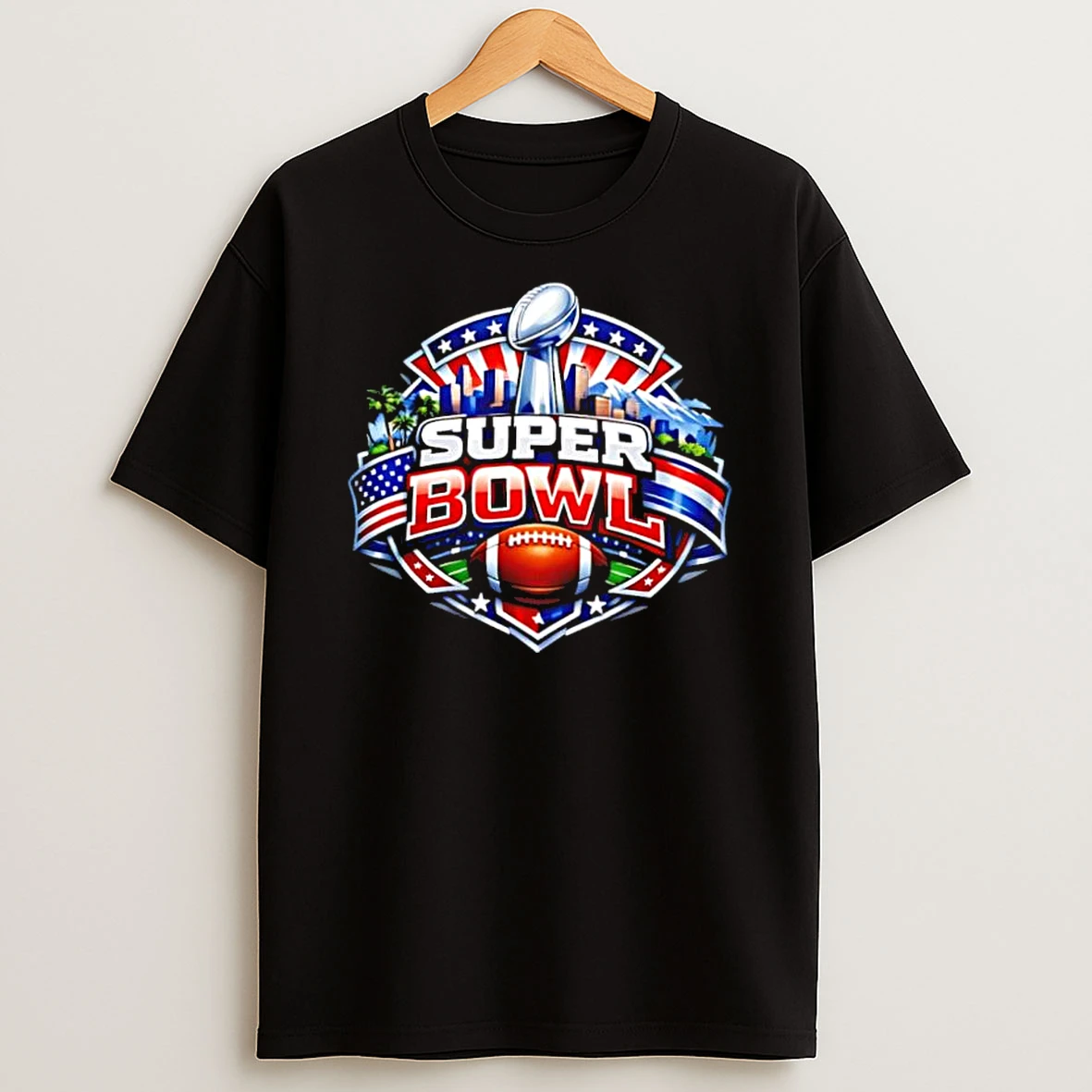 Super Bowl Lx 2026 Lombardi Trophy City Skyline American Flag Ribbon Shirts