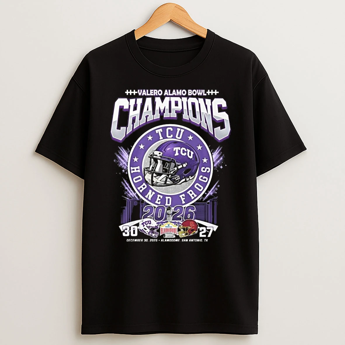 Tcu Horned Frogs Valero Alamo Bowl Champions 2026 Dec 30 2025 Score 30 27 Helmet Logo Shirts