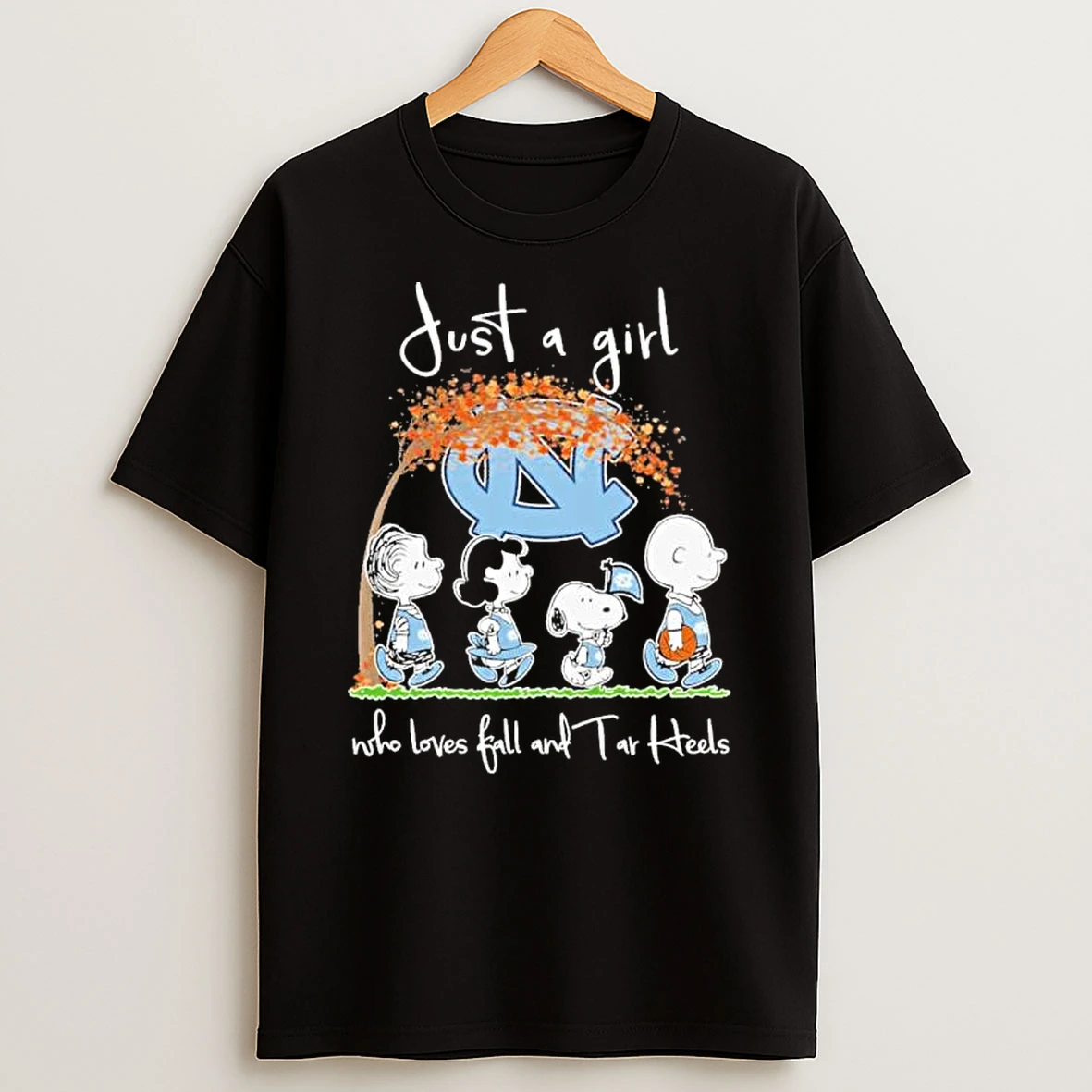 The Peanuts Just A Girl Who Loves Fall And Unc Tar Heels Basketball Shirts
