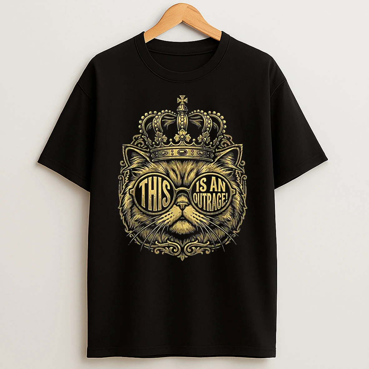 This Is An Outrage Funny Princess Cat Donut Gold Womens Mens Shirts