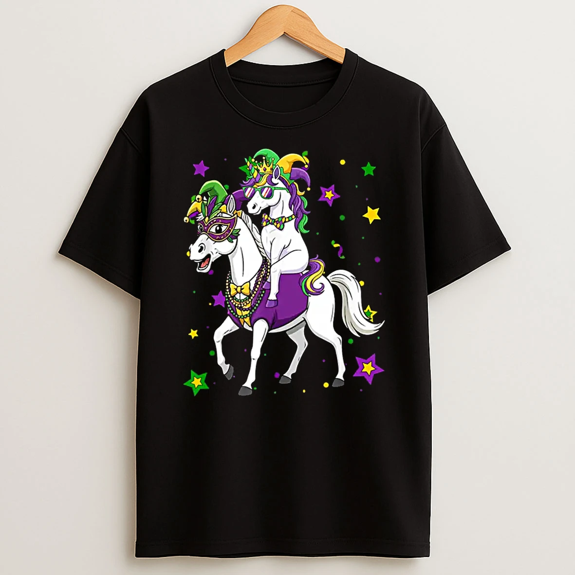 Unicorn Riding Horse Mardi Gras Beads Masked Jester Hat Shirts