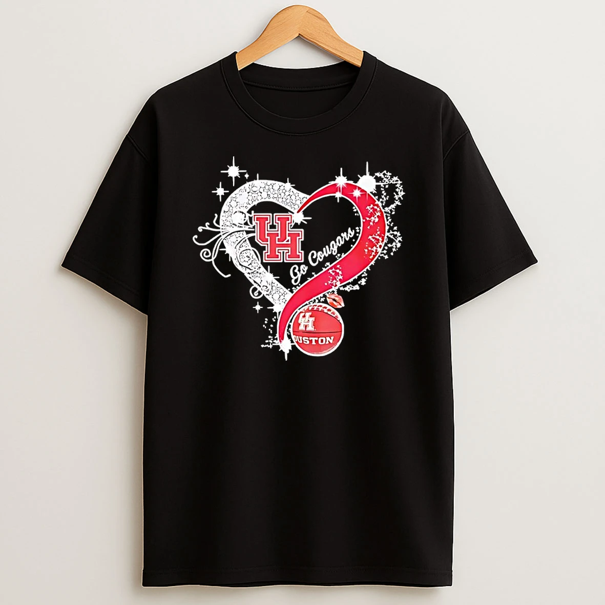 University Of Houston Cougars Go Cougars Lips Print Heart Diamond Studded Shirts