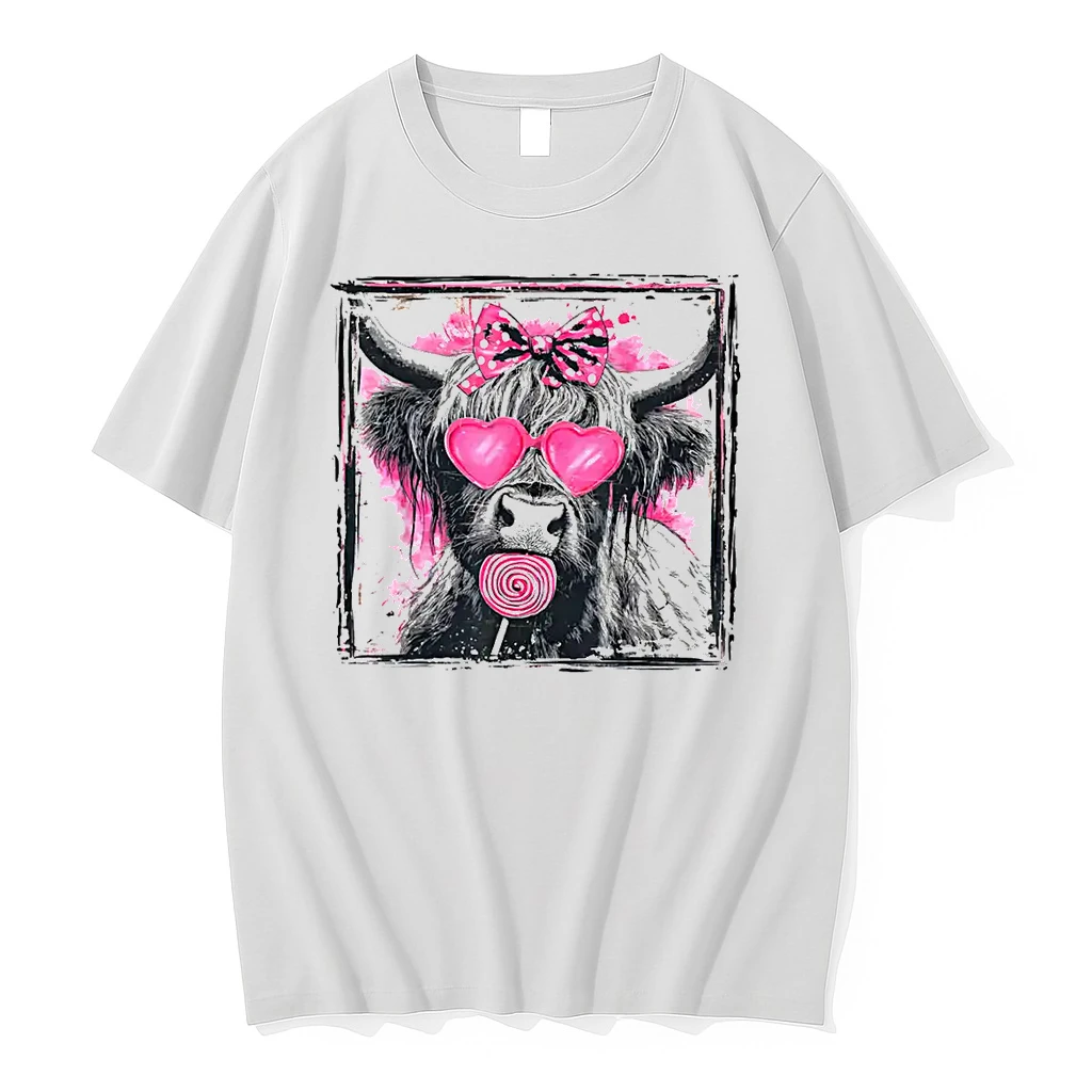 Vintage Cute Lollipop Highland Cow Bow Valentine Pink Heart Shirts