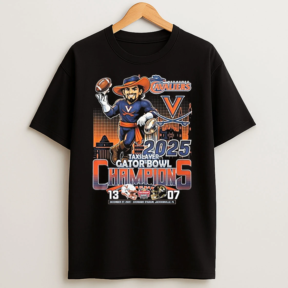 Virginia Cavaliers 2025 Taxslayer Gator Bowl Champions Score 13 07 Dec 27 2025 Mascot Shirts