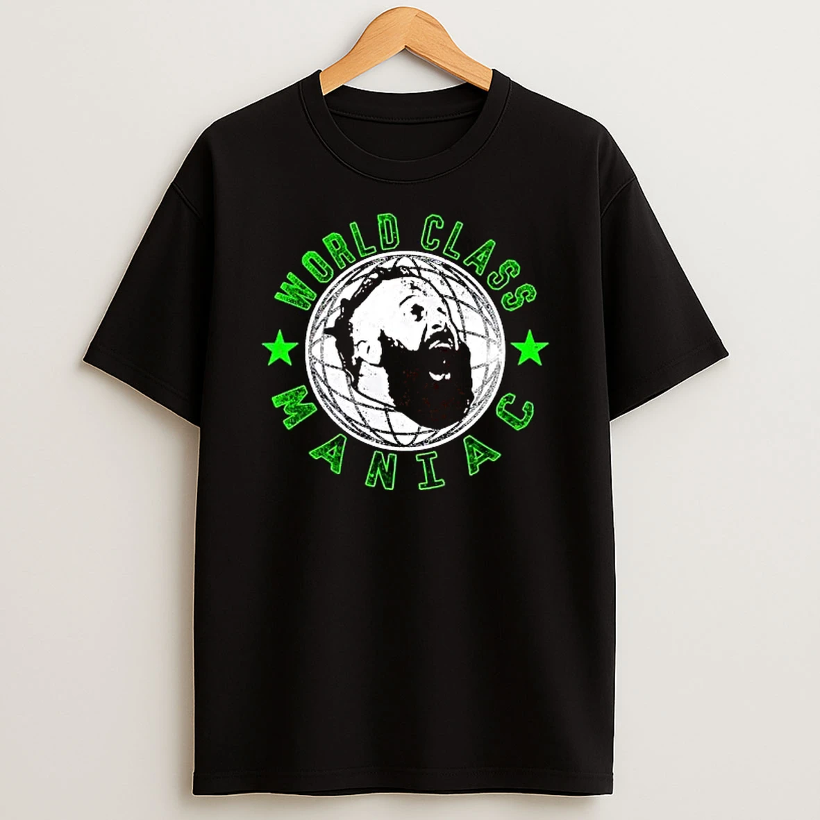 World Class Maniac Bearded Man Face Portrait Globe Graphic Shirts