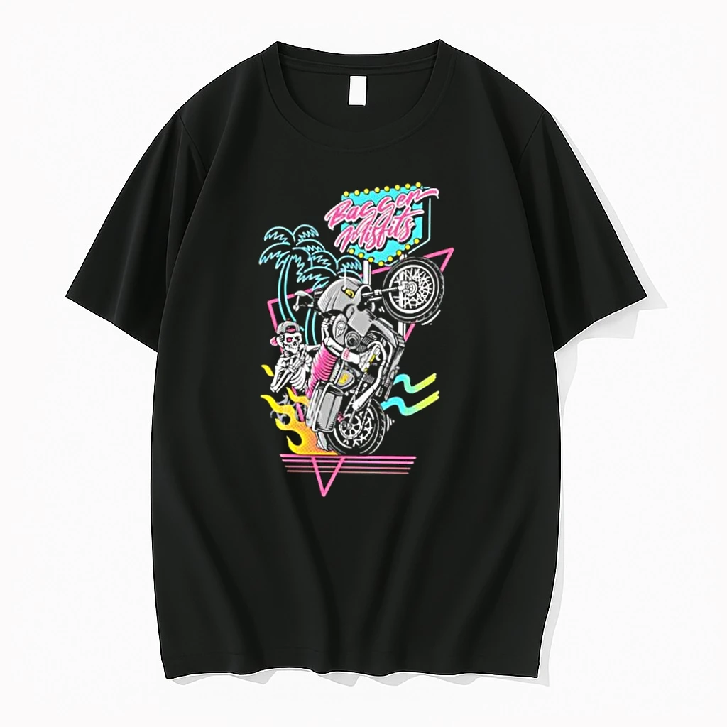 Bagger Misfits Skeleton Riding Motorcycle Wheelie Neon Palm Trees Shirts