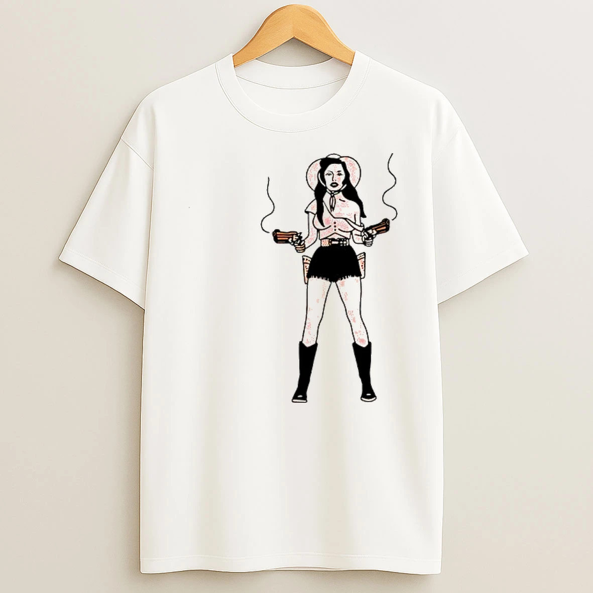 Bang Bang Cowboy Girl Holding Two Smoking Guns Graphic Shirts