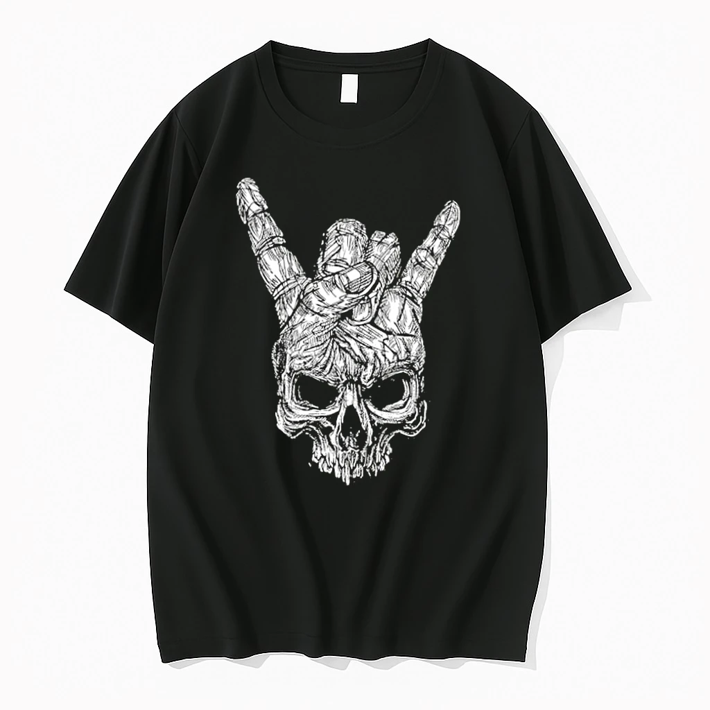 Black And White Sketch Skull With Rock And Roll Horns Hand Gesture Shirts