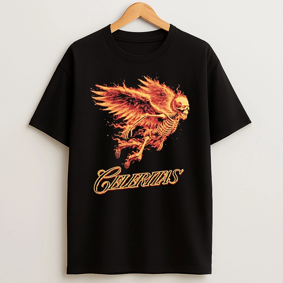 Celeritas Est 2026 Flaming Angel Skeleton Wings Speed Graphic Shirts