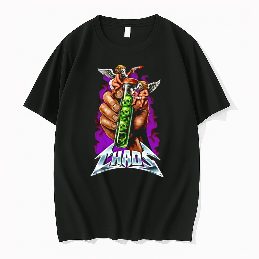 Chaos Hand Holding Test Tube With Green Skulls Shirts