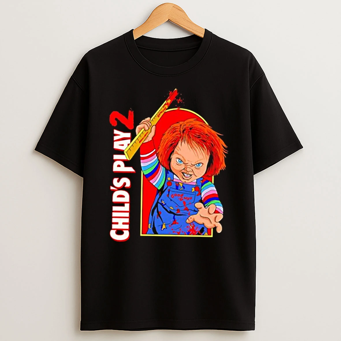 Childs Play 2 Chucky Holding Bloody Ruler Good Guys Overalls Shirts