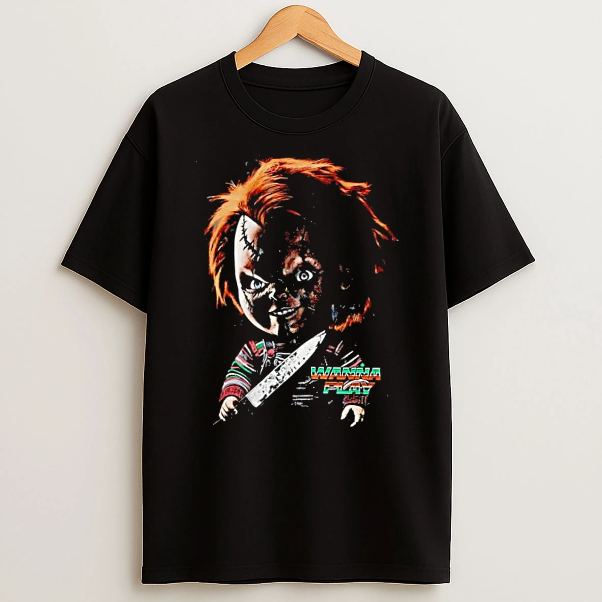 Chucky Wanna Play Horror Movie Character Holding Knife Graphic Shirts