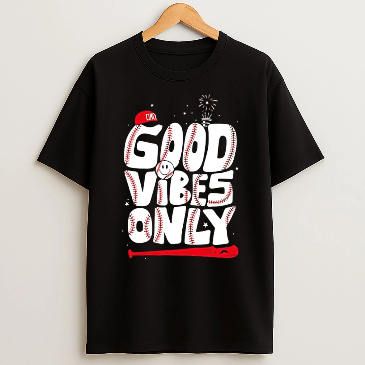Cincy Good Vibes Only Baseball Smiley Face Fireworks Shirts