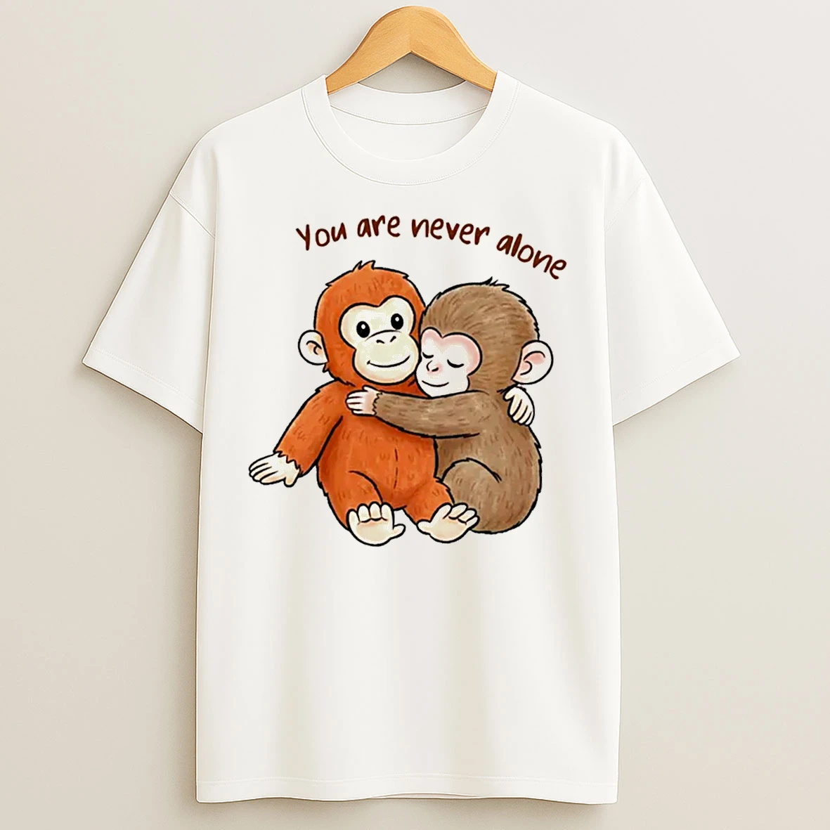 Classic Baby Monkey With Plush Toy You Are Never Alone T Shirts
