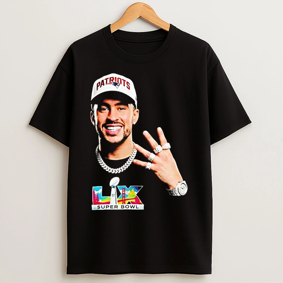 Classic Bad Bunny 2026 Super Bowl Lx 4 Rings Patriots Tee T Shirts