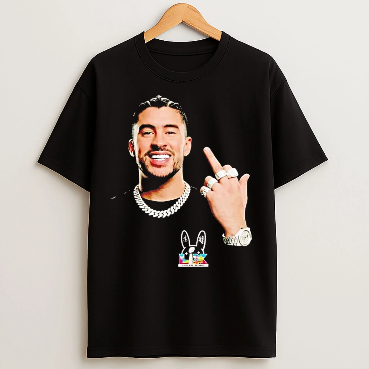 Classic Bad Bunny 2026 Super Bowl Lx 4 Rings Middle Finger Tee T Shirts