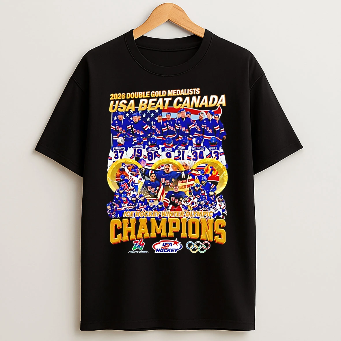 Classic Double Gold Medalists Usa Beat Canada Mens Ice Hockey Olympic Champions 2026 T Shirts