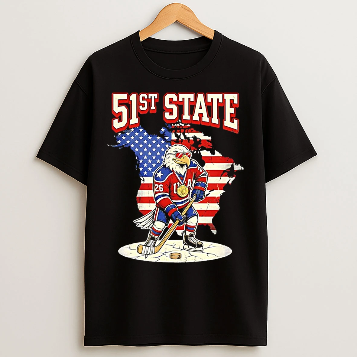 Classic Eagle 51st State Usa Hockey Map American Flag T Shirts