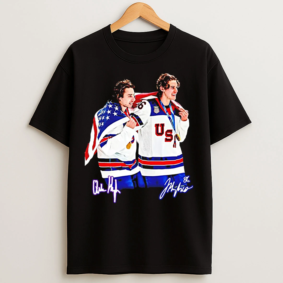 Classic Jack Hughes And Quinn Hughes Usa Gold Medal Hockey Champion Signatures T Shirts