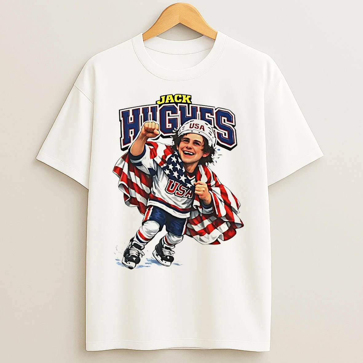 Classic Jack Hughes Caricature Usa Hockey American Flag Olympic 2026 T Shirts