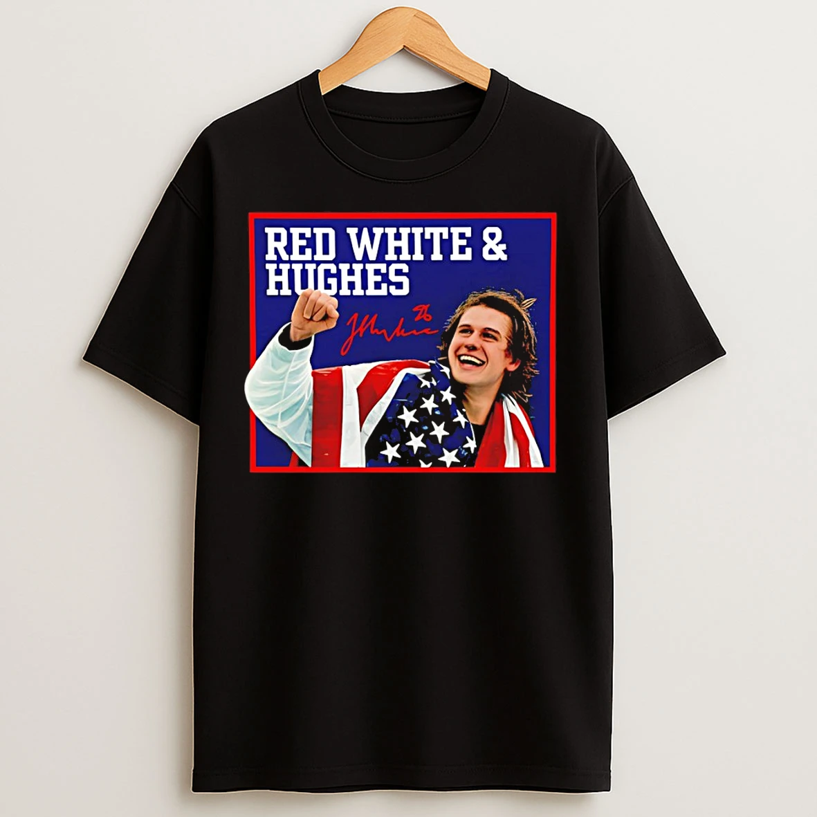 Classic Jack Hughes Red White And Hughes Gold Usa Hockey Champions American Flag Signature T Shirts