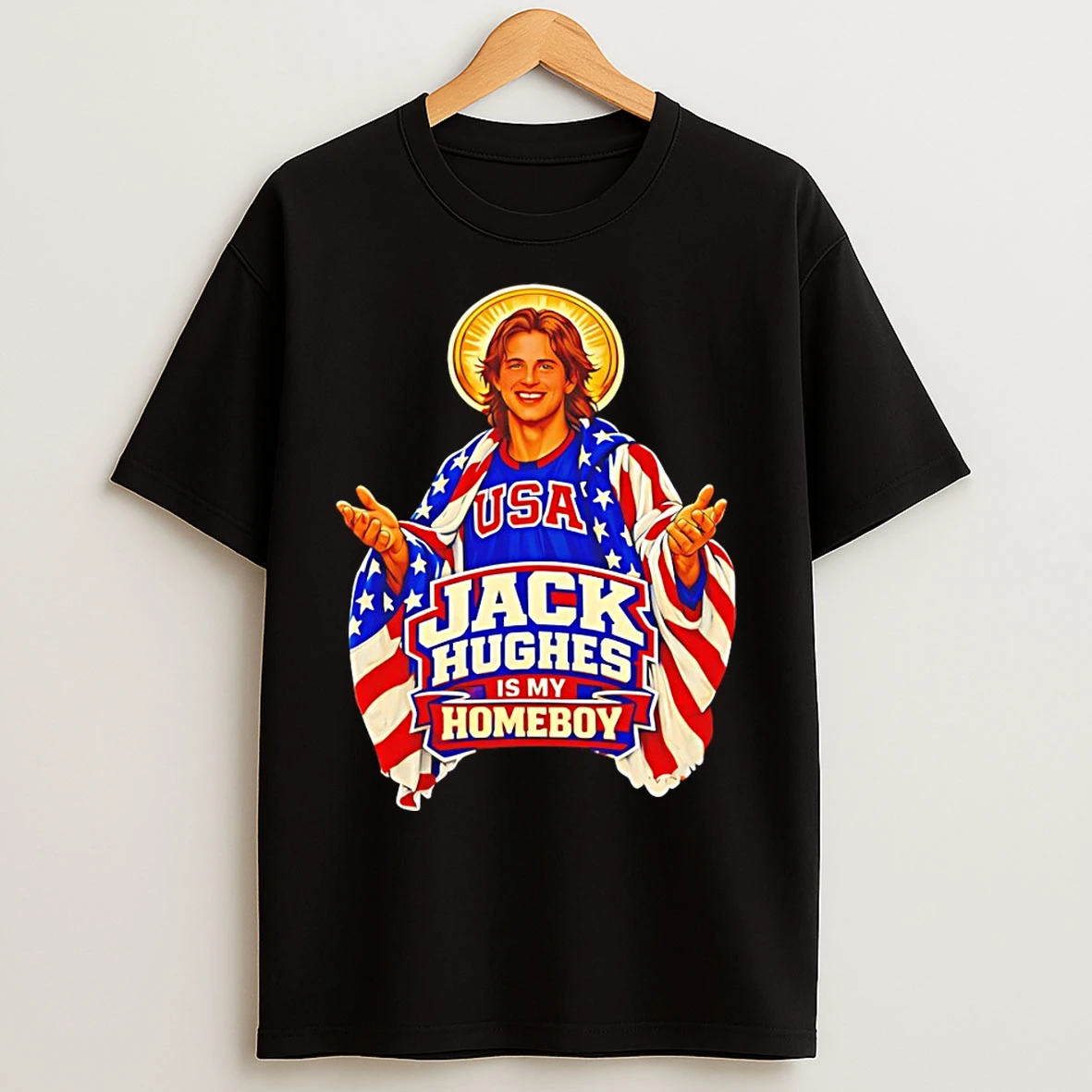 Classic Jesus Jack Hughes Is My Homeboy Usa Hockey Champions 2026 Olympic Gold Medal T Shirts