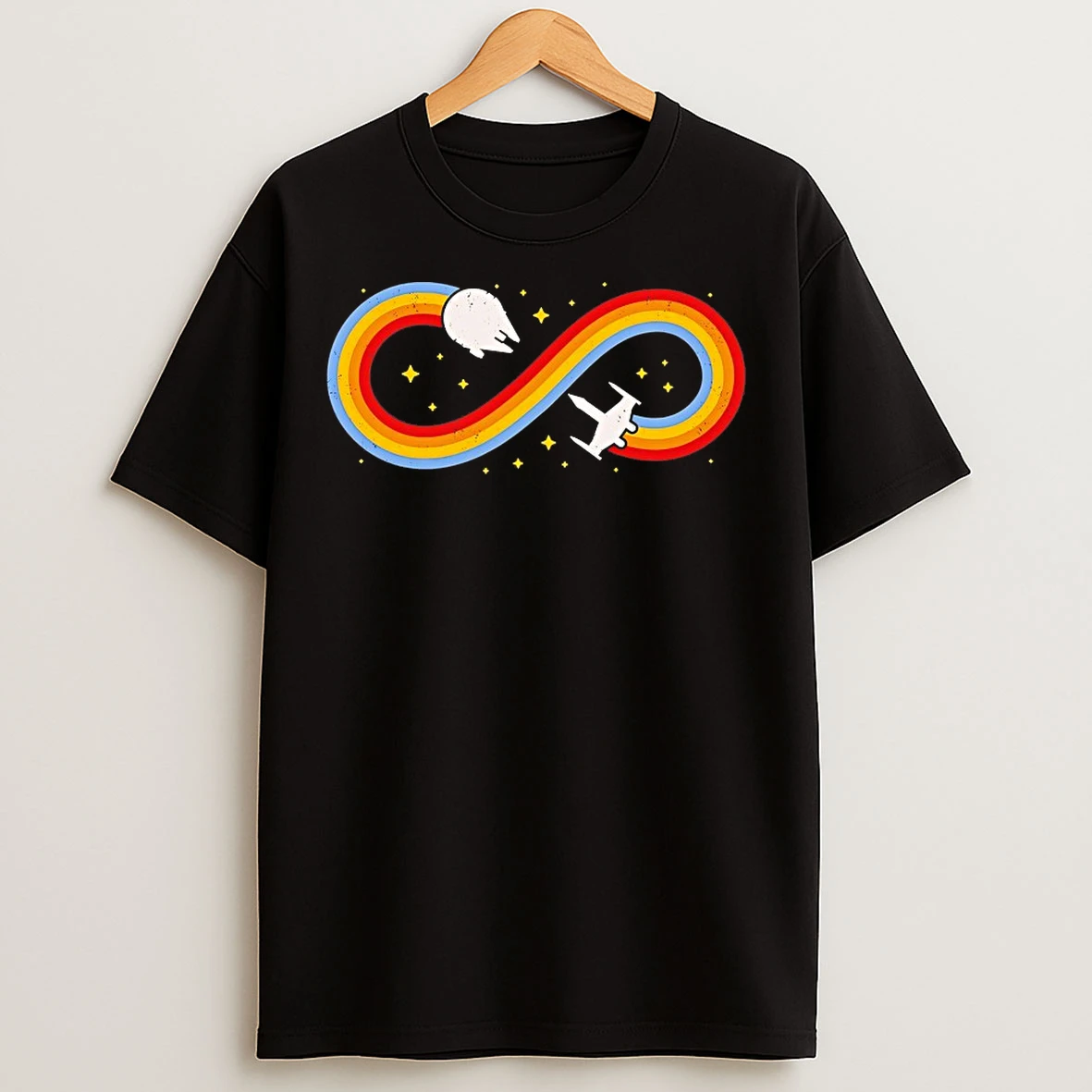 Classic Millennium Falcon And An X Wing Forming A Lemniscate Endless Space Travel T Shirts