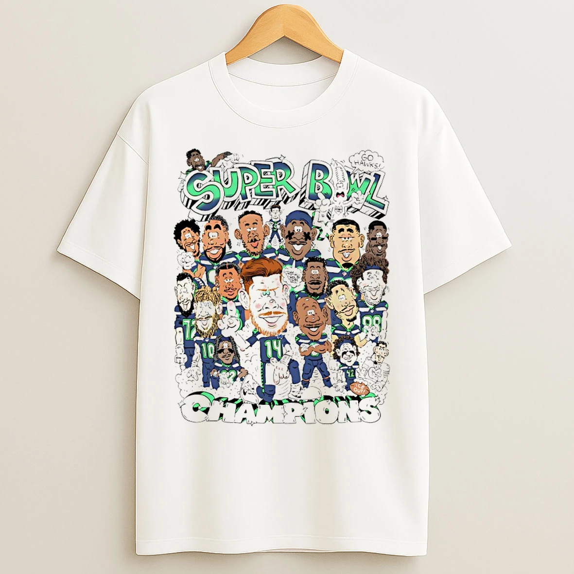 Classic Seattle Seahawk 2025 Super Bowl Champions Caricature T Shirts