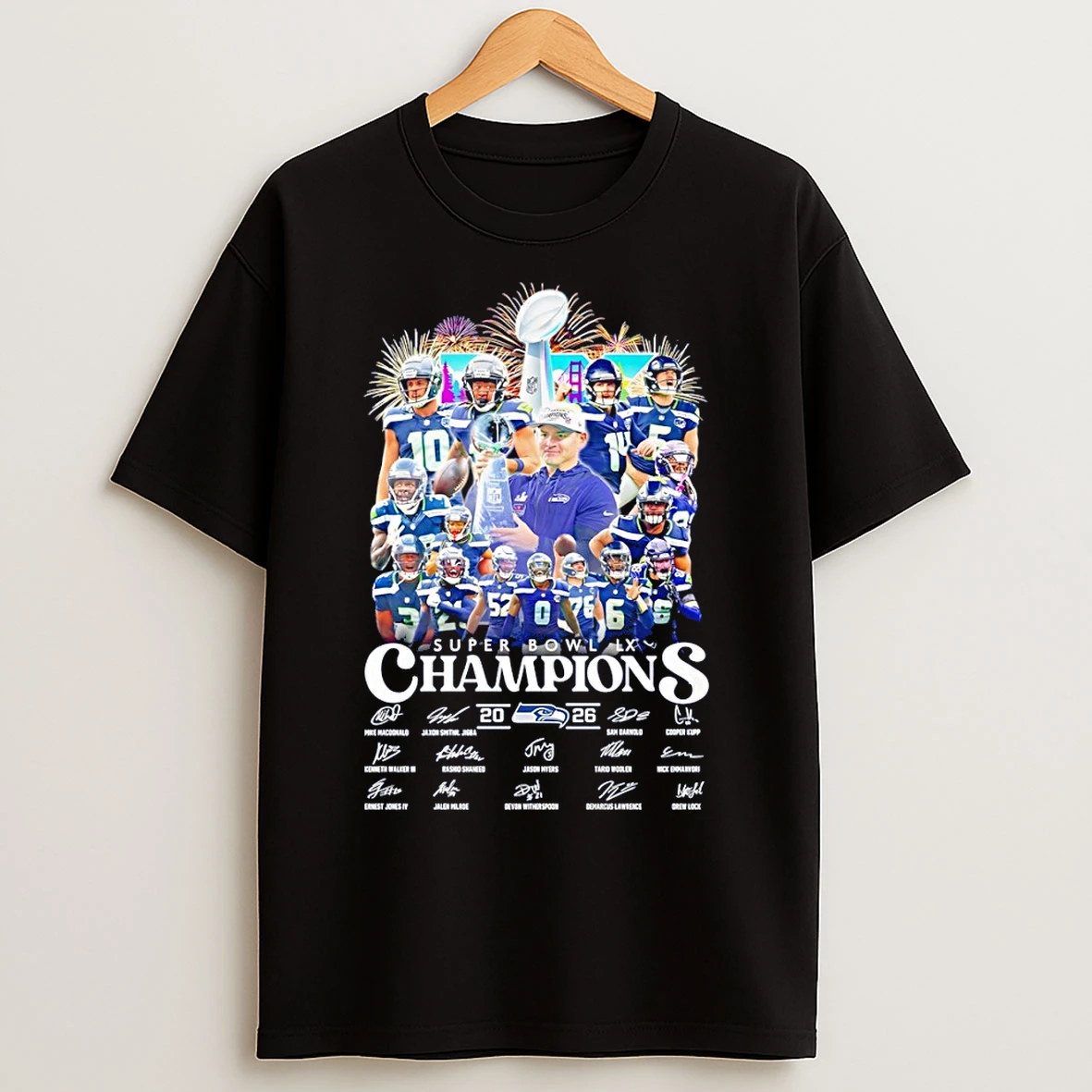 Classic Seattle Seahawks 2026 Super Bowl Lx Champions Signature Football Fan T Shirts
